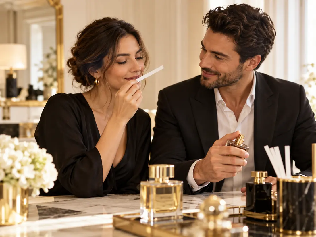 Couple découvrant ensemble une nouvelle senteur
